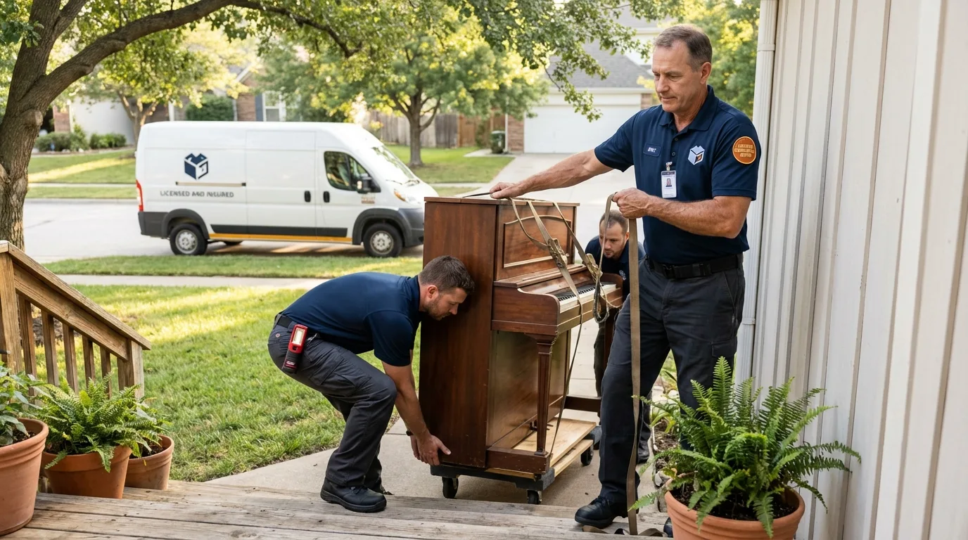 Licensed piano movers securing grand piano in Sparta, TN
