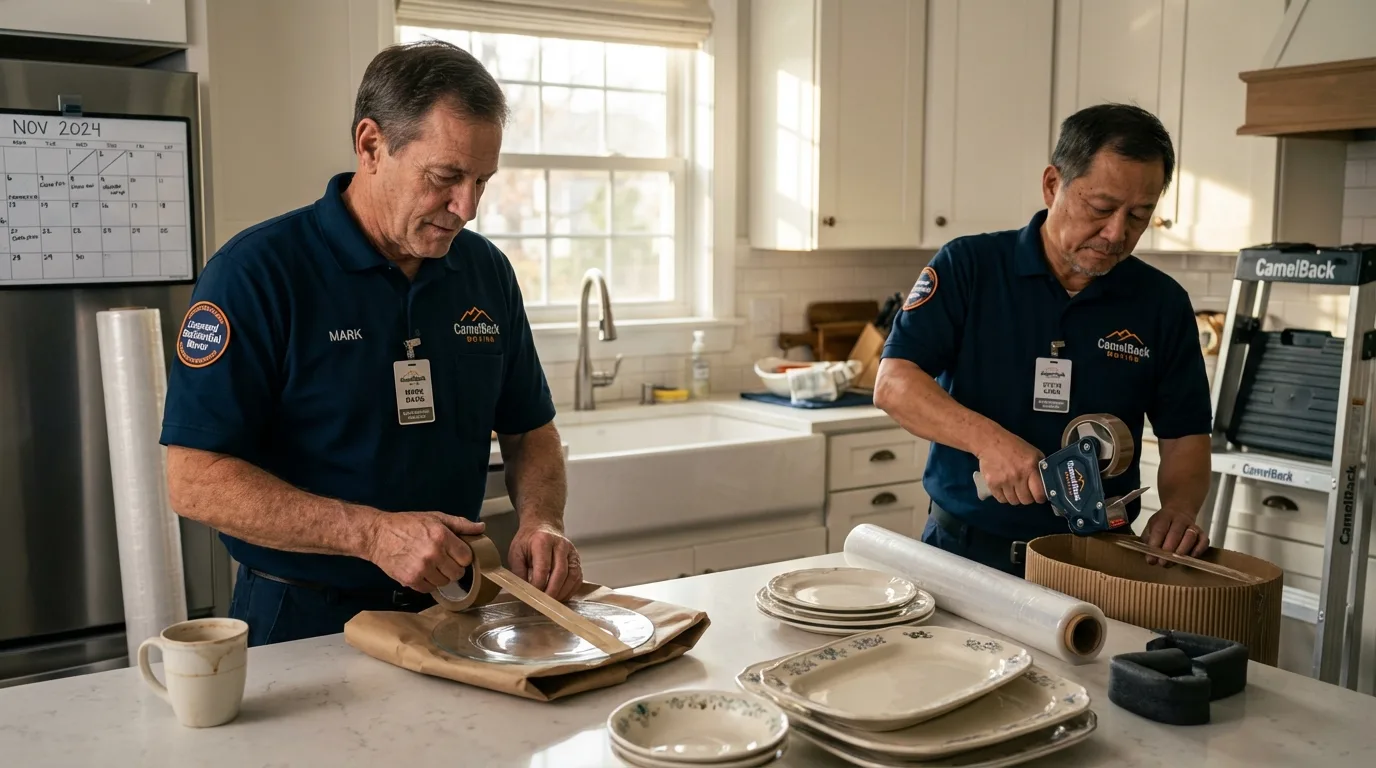 Professional crew packing kitchen dishware in Sparta, TN